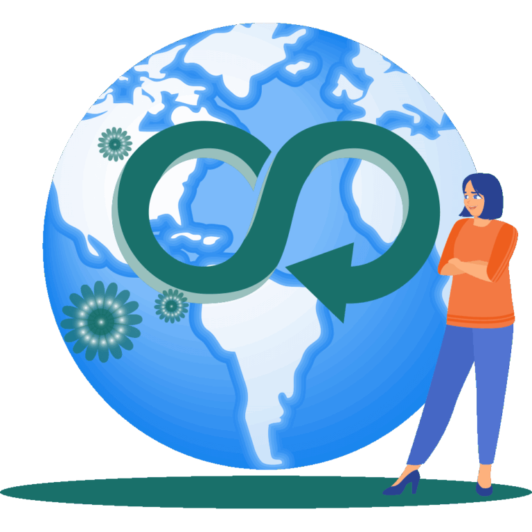 Frau steht vor einer Erdkugel mit gro&szlig;em Unendlichkeits- und Kreislaufpfeil &ndash; Symbol f&uuml;r Circular Economy, Kreislaufwirtschaft und globale Verantwortung in CSRD- und ESRS-Strategien.