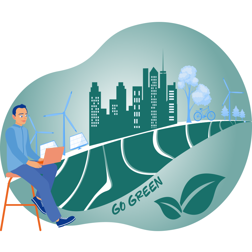 Mann arbeitet mit Laptop auf einem gro&szlig;en Blatt vor Windr&auml;dern, Solarpanels und gr&uuml;ner Stadtlandschaft mit &bdquo;Go Green&ldquo;-Schriftzug &ndash; Symbol f&uuml;r digitale CSRD- und ESG-Steuerung, erneuerbare Energien und nachhaltige Stadtentwicklung im Mittelstand.