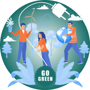 Drei Personen engagieren sich mit Pflanze, Windrad und Erdkugel in einer grünen Landschaft mit „Go Green“-Schriftzug – Symbol für Nachhaltigkeitsinitiativen, Klimaschutz und ESG-Verantwortung von Unternehmen.