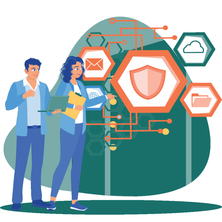 Zwei Fachleute stehen mit Laptop und Unterlagen vor Symbolen f&uuml;r Schild, E-Mail, Cloud und Ordner &ndash; Sinnbild f&uuml;r Datensicherheit, IT-Compliance und Governance im Rahmen von CSRD- und ESG-Berichterstattung.