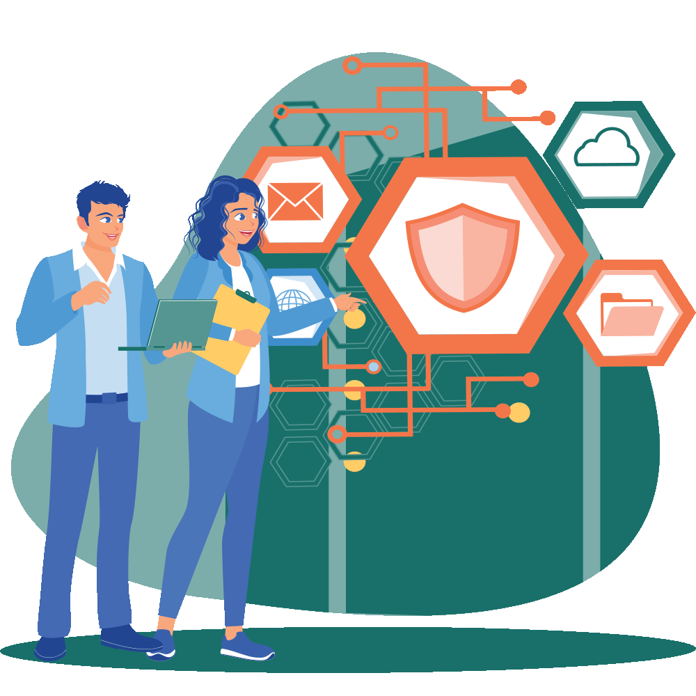 Zwei Fachleute stehen mit Laptop und Unterlagen vor Symbolen f&uuml;r Schild, E-Mail, Cloud und Ordner &ndash; Sinnbild f&uuml;r Datensicherheit, IT-Compliance und Governance im Rahmen von CSRD- und ESG-Berichterstattung.