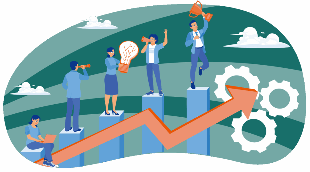 Team aus Fachleuten steht und sitzt auf steigenden Säulen mit wachsendem Pfeil, Zahnrädern, Glühbirne, Megafon und Siegerpokal – Sinnbild für erfolgreiche CSRD- und ESG-Projekte, Innovation und nachhaltiges Wachstum im Mittelstand.