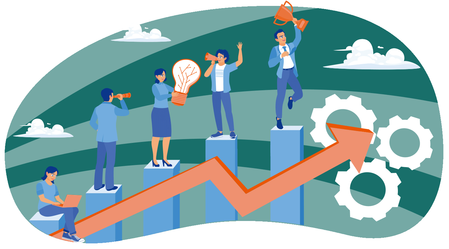 Team aus Fachleuten steht und sitzt auf steigenden Säulen mit wachsendem Pfeil, Zahnrädern, Glühbirne, Megafon und Siegerpokal – Sinnbild für erfolgreiche CSRD- und ESG-Projekte, Innovation und nachhaltiges Wachstum im Mittelstand.