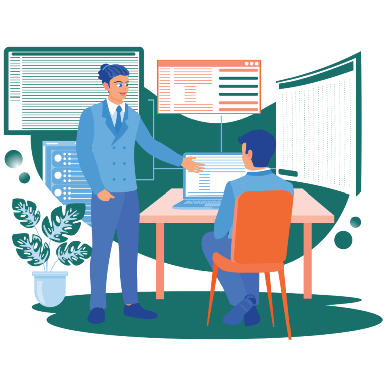 Zwei Fachleute analysieren an Laptop und mehreren Bildschirmen Daten und Tabellen f&uuml;r CSRD- und ESRS-Reporting im mittelst&auml;ndischen Unternehmen.