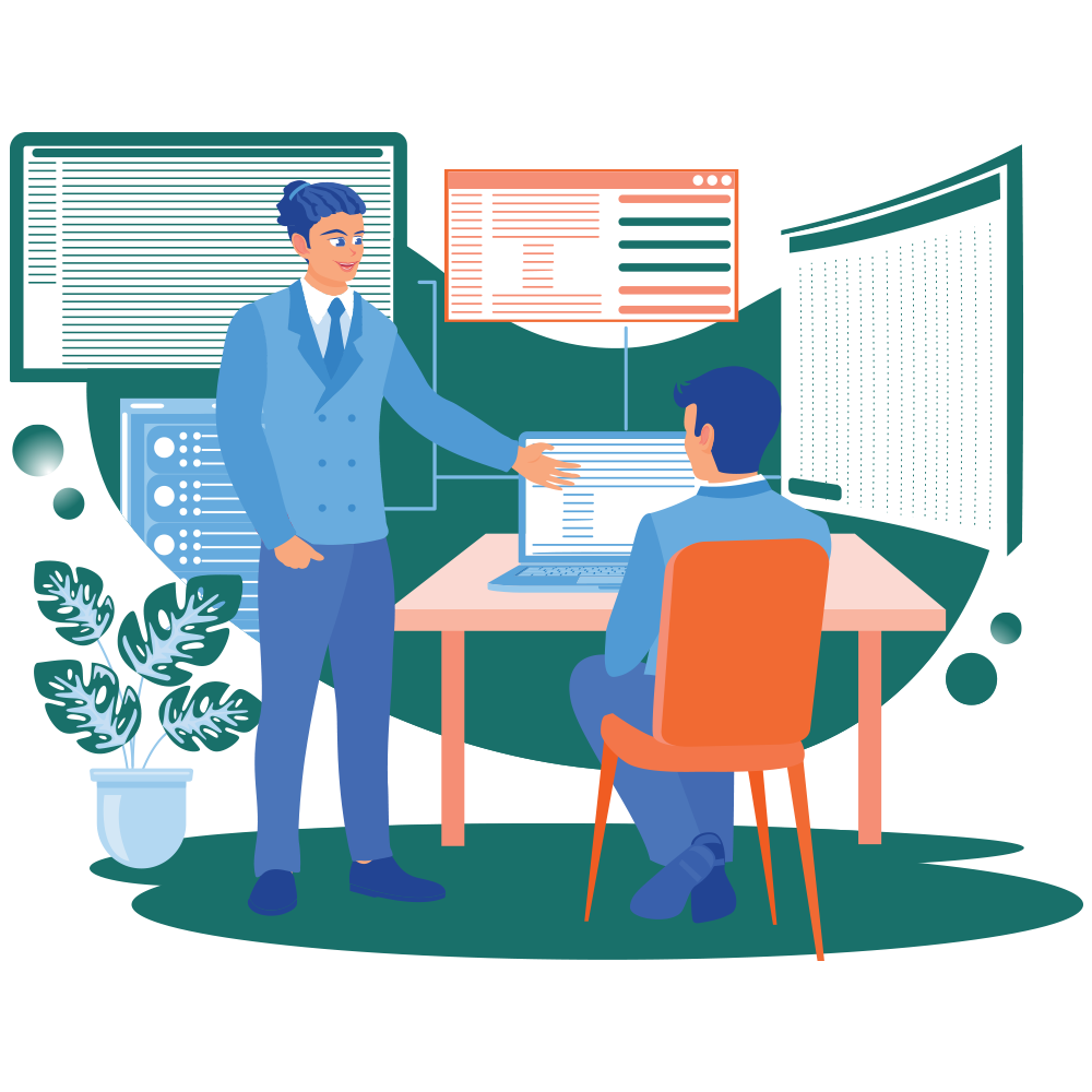 Zwei Fachleute analysieren an Laptop und mehreren Bildschirmen Daten und Tabellen f&uuml;r CSRD- und ESRS-Reporting im mittelst&auml;ndischen Unternehmen.