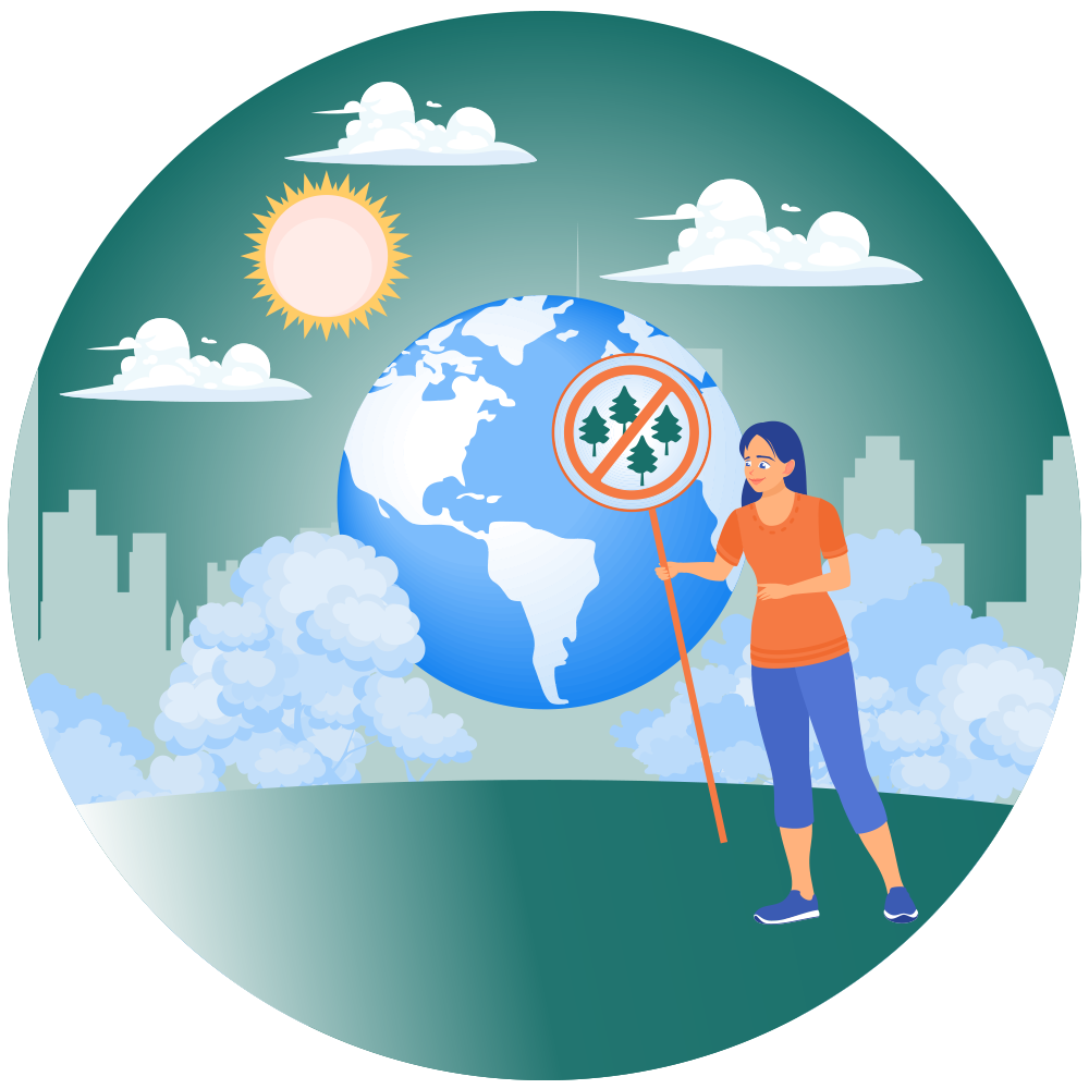 Eine Frau steht vor einem Globus und hält ein Schild gegen Abholzung in die Höhe – Symbol für Klimaschutz, Biodiversität und Umweltwirkungen von Unternehmen im Rahmen von CSRD- und ESRS-Berichten.