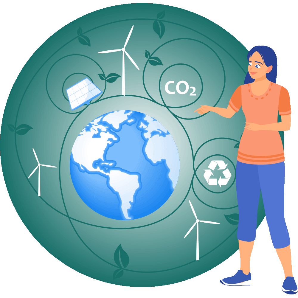 Frau steht vor einer Erdkugel mit Symbolen für Windkraft, Photovoltaik, CO₂ und Recycling – Sinnbild für ganzheitliche Klimastrategie, Energie-Mix und Emissionsmanagement in CSRD- und ESRS-Reports.
