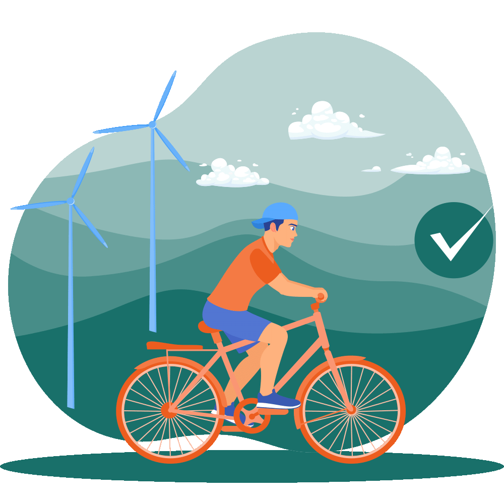 Mann fährt mit dem Fahrrad vor Windrädern durch eine grüne Landschaft – Symbol für nachhaltige Mobilität, Pendlerkonzepte und CO₂-Reduktion in der CSRD-Strategie von Unternehmen.