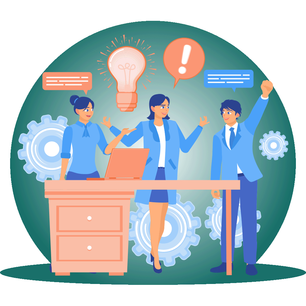 Drei Business-Personen stehen an einem Schreibtisch mit Laptop, Zahnr&auml;dern und leuchtender Gl&uuml;hbirne und feiern den erfolgreichen CSRD-Readiness-Check und die ESRS-Audit-Vorbereitung f&uuml;r ein mittelst&auml;ndisches Unternehmen in DACH.